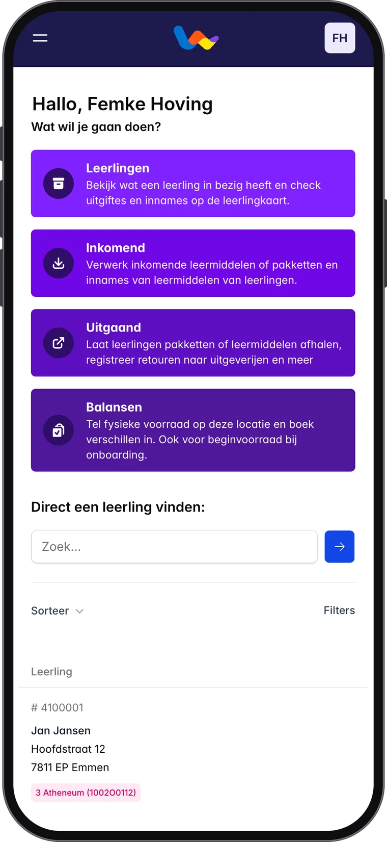 De Wimpel school-app voor leerlingen, inkomende en uitgaande leermiddelen en balansen